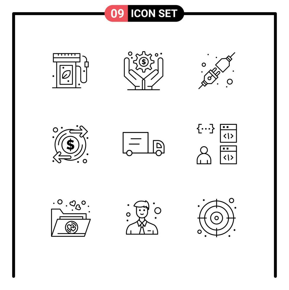 Stock Vector Icon Pack of 9 Line Signs and Symbols for browser vehicles plug truck investment Editable Vector Design Elements