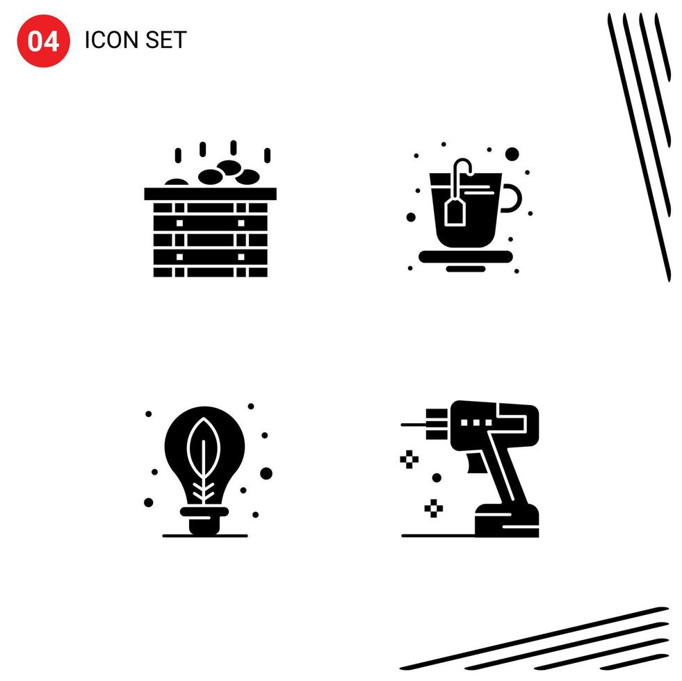 Group of 4 Solid Glyphs Signs and Symbols for spa leaf cup earth drill Editable Vector Design Elements