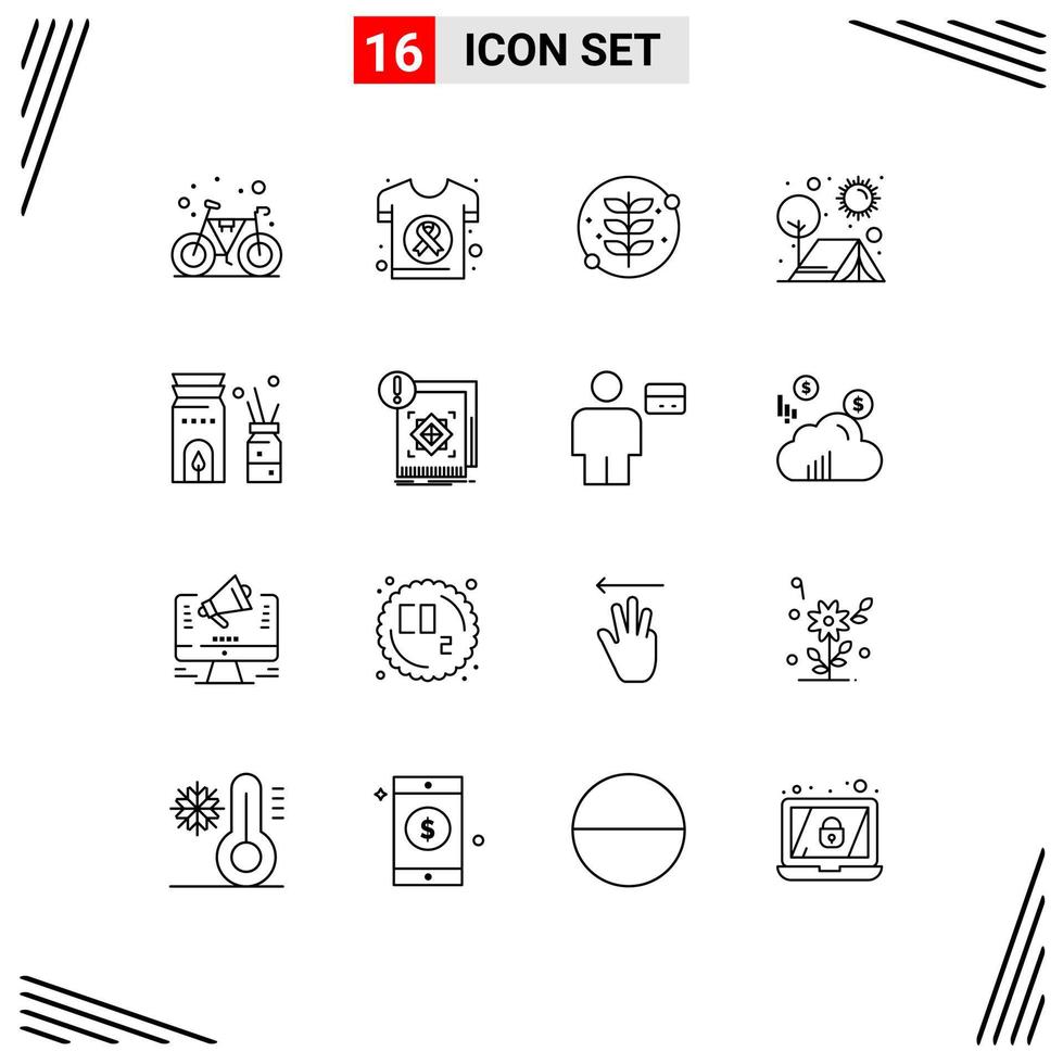 Set of 16 Modern UI Icons Symbols Signs for sun outdoor shirt camping plant Editable Vector Design Elements