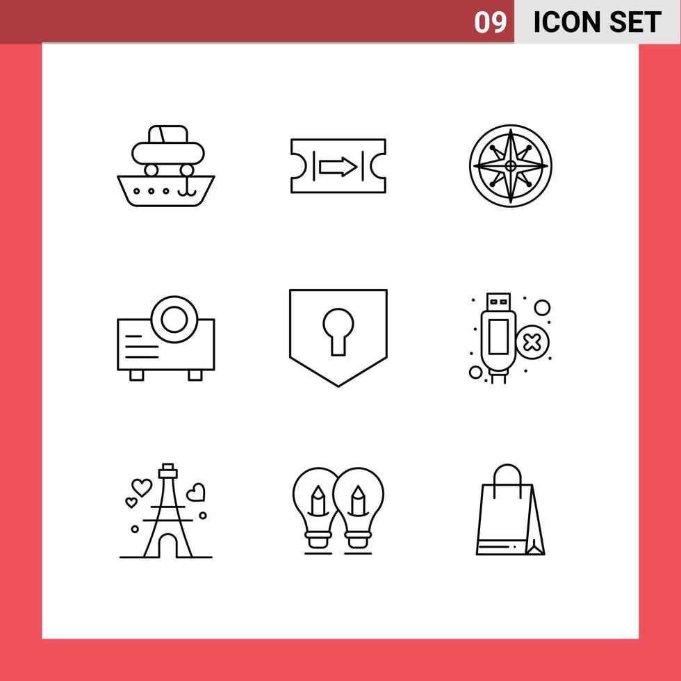 Group of 9 Modern Outlines Set for protect projector compass presentation position Editable Vector Design Elements