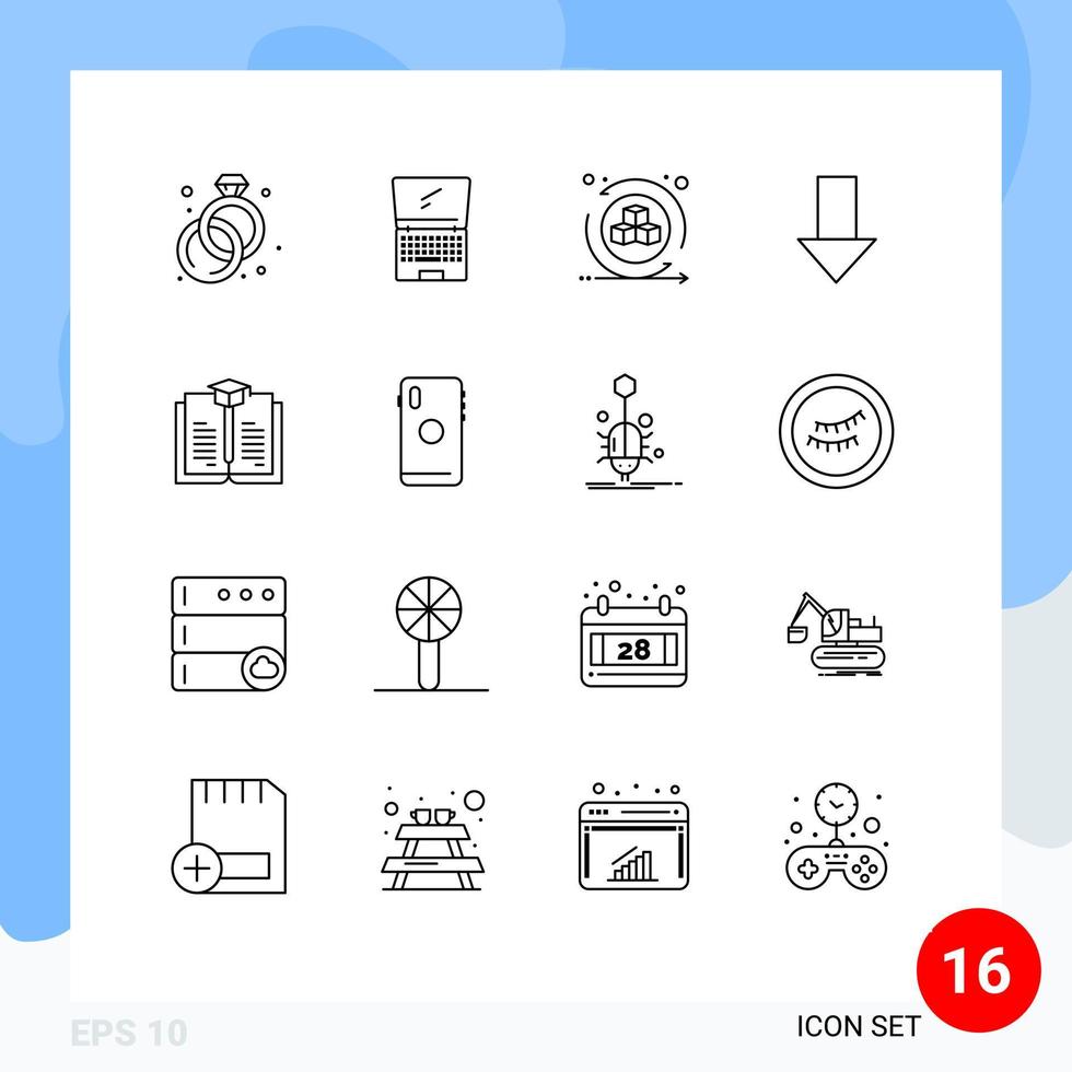 Outline Pack of 16 Universal Symbols of book direction environment down arrow arrow Editable Vector Design Elements