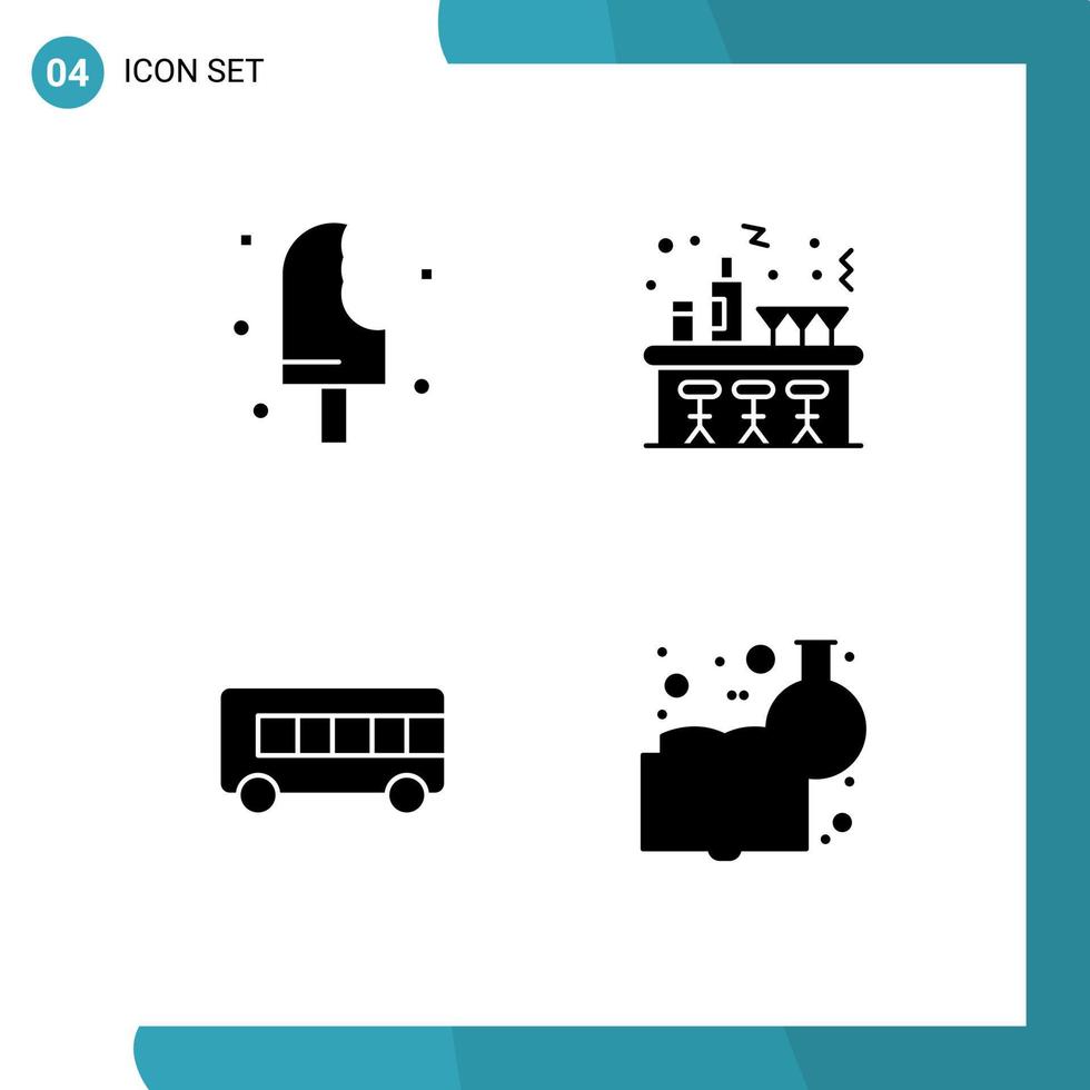 conjunto moderno de 4 glifos y símbolos sólidos, como elementos de diseño de vectores editables para vehículos de celebración de helados de autobuses de postres