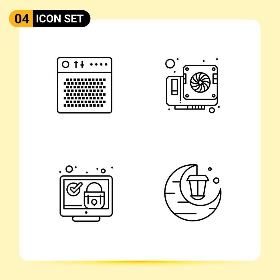 4 colores planos universales de línea de relleno establecidos para aplicaciones web y móviles bloqueo de amplificador sistema informático multimedia elementos de diseño vectorial editables vector