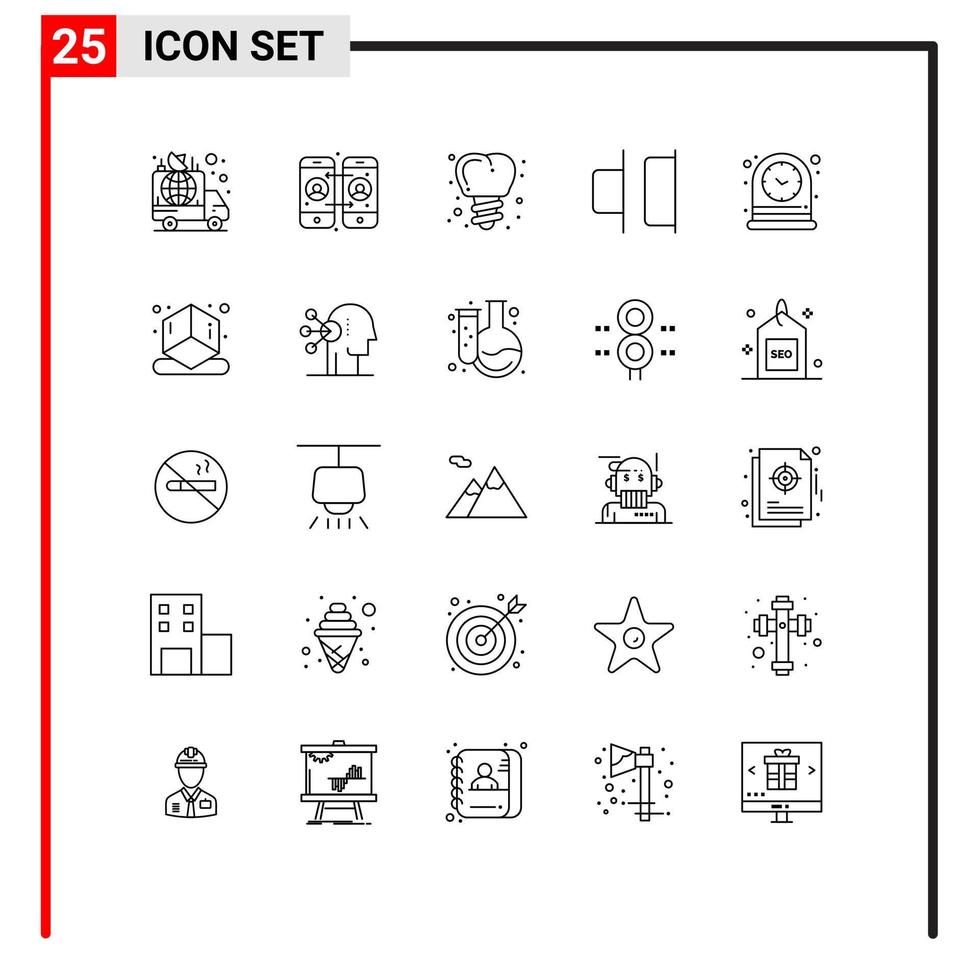 Universal Icon Symbols Group of 25 Modern Lines of watch table implanting clock horizontal Editable Vector Design Elements