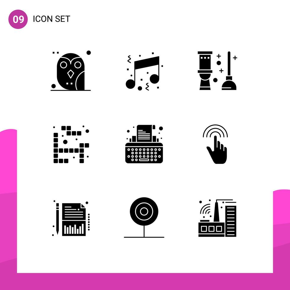 Pack of 9 creative Solid Glyphs of keys game note tetris bath Editable Vector Design Elements