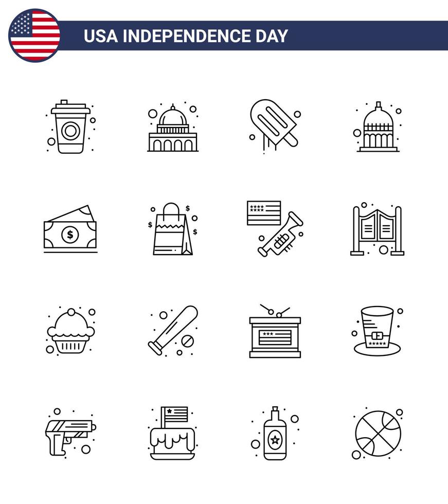 Big Pack of 16 USA Happy Independence Day USA Vector Lines and Editable Symbols of amearican dollar cream usa indianapolis Editable USA Day Vector Design Elements