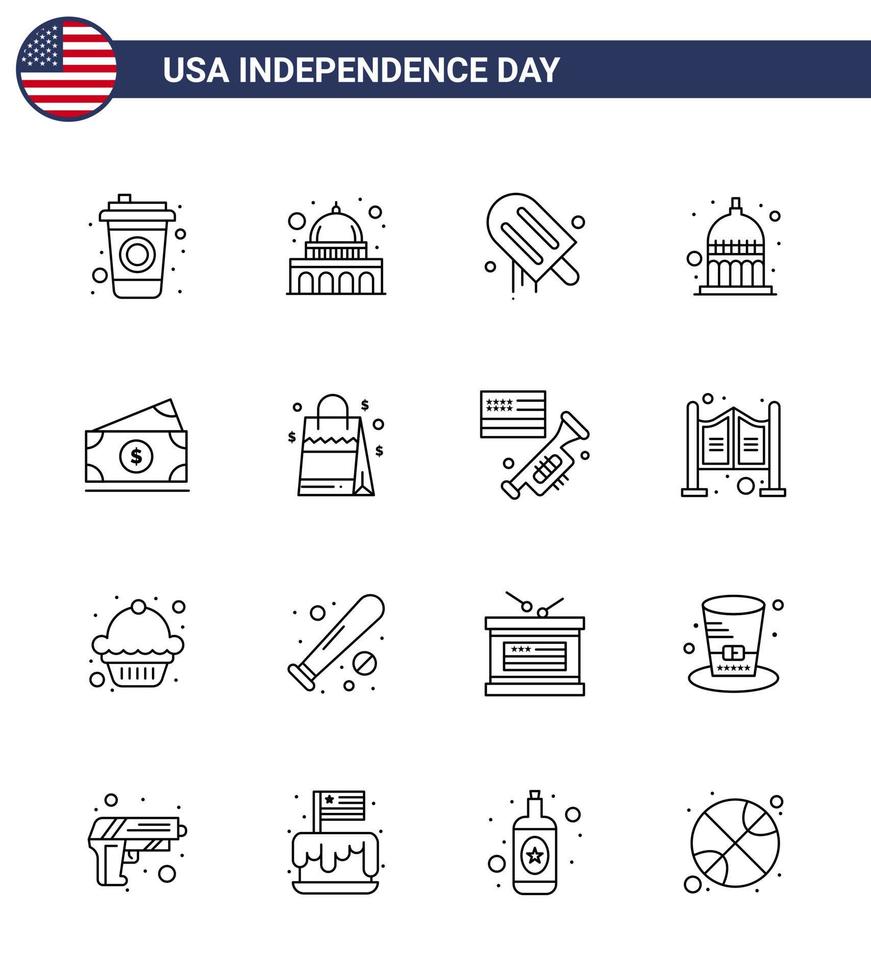 paquete grande de 16 estados unidos feliz día de la independencia líneas vectoriales de estados unidos y símbolos editables de crema de dólar estadounidense estados unidos indianapolis elementos de diseño de vectores editables del día de estados unidos