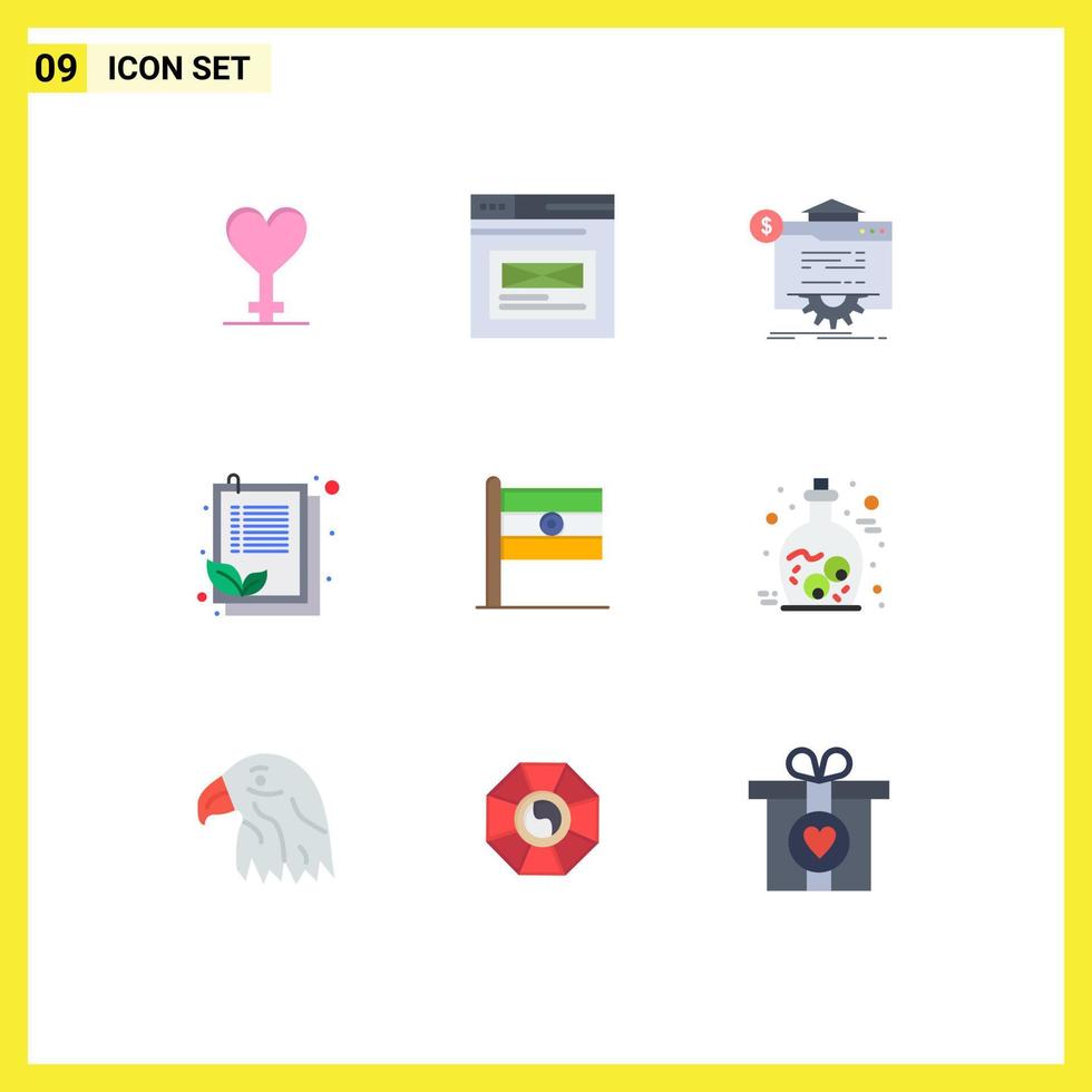paquete de 9 signos y símbolos de colores planos modernos para medios de impresión web, como elementos de diseño de vectores editables del sitio web del portapapeles seo de la lista india