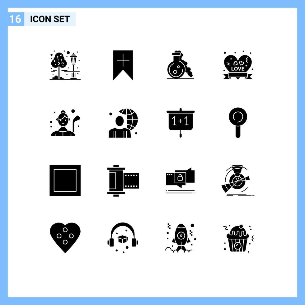 16 Solid Glyph concept for Websites Mobile and Apps golf ribbon badge flask love badge heart badge Editable Vector Design Elements