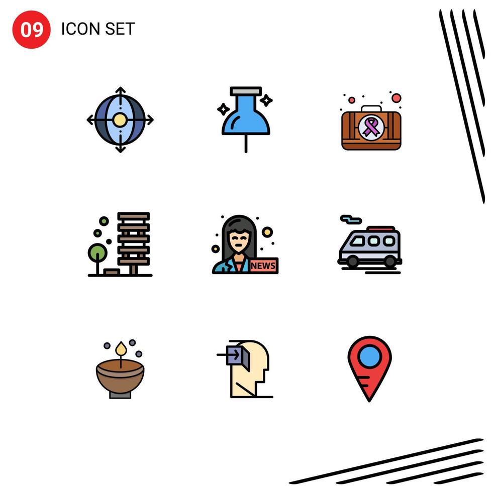 Pictogram Set of 9 Simple Filledline Flat Colors of journalist environment kit city architecture Editable Vector Design Elements