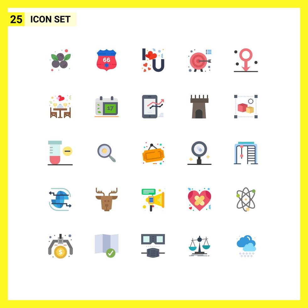 Mobile Interface Flat Color Set of 25 Pictograms of male focus heart lettering target darts Editable Vector Design Elements