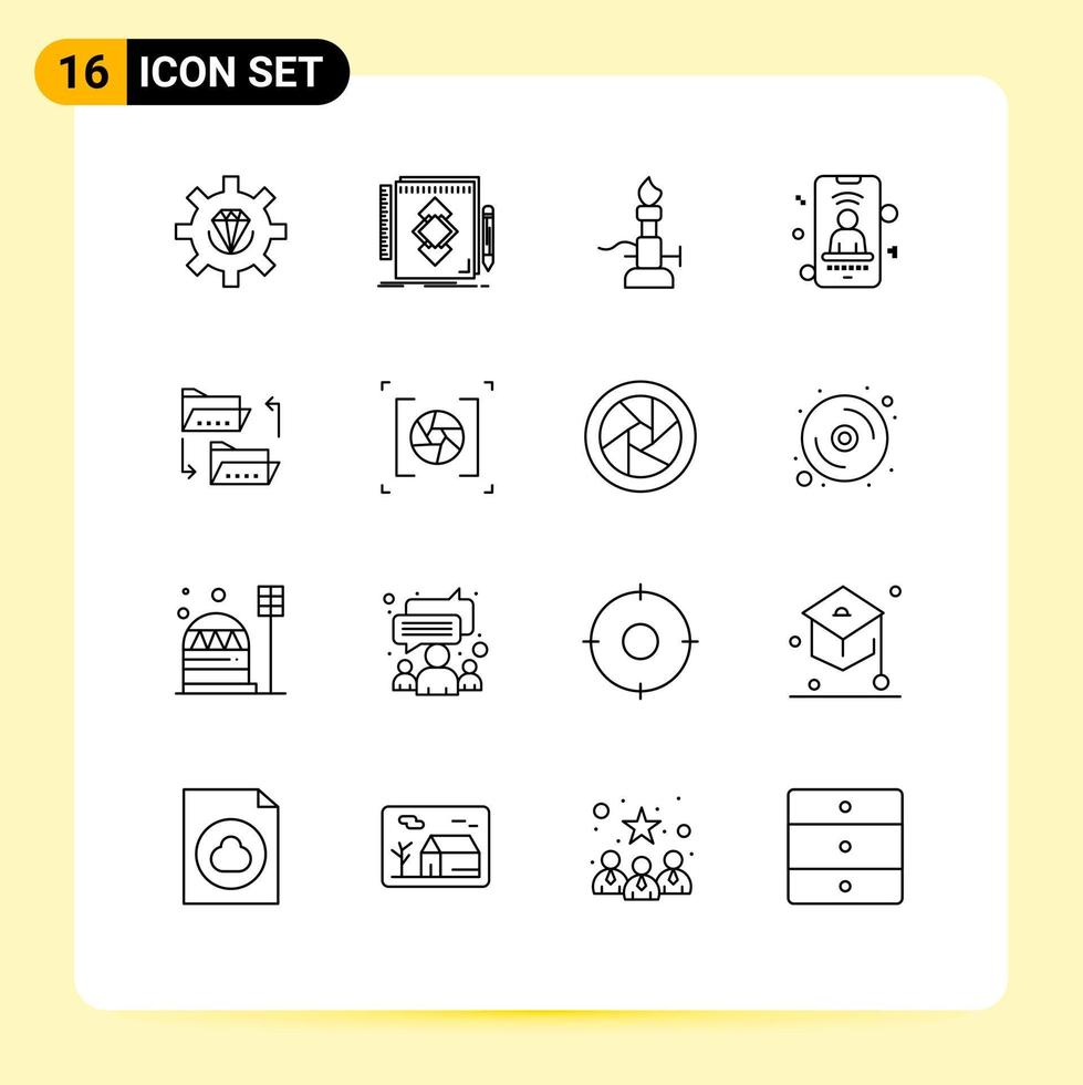 16 Universal Outlines Set for Web and Mobile Applications signal mobile draw torch light Editable Vector Design Elements