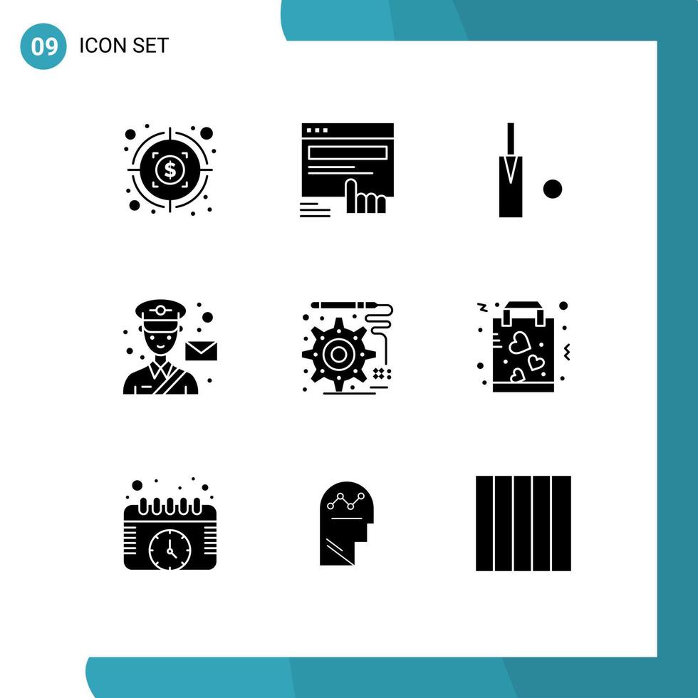 9 iconos creativos, signos y símbolos modernos de desarrollo, cartero, cricket, correo postal, elementos de diseño vectorial editables vector