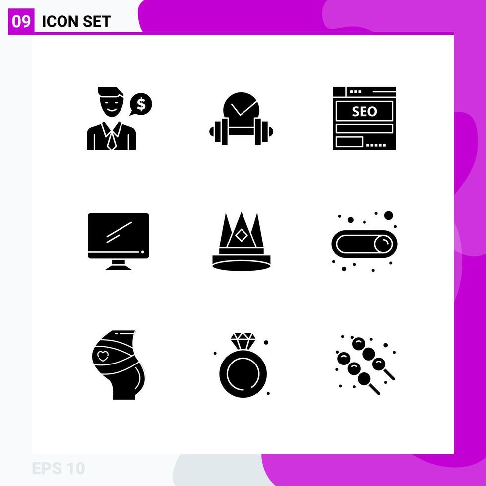 Set of 9 Vector Solid Glyphs on Grid for imac monitor website computer seo Editable Vector Design Elements