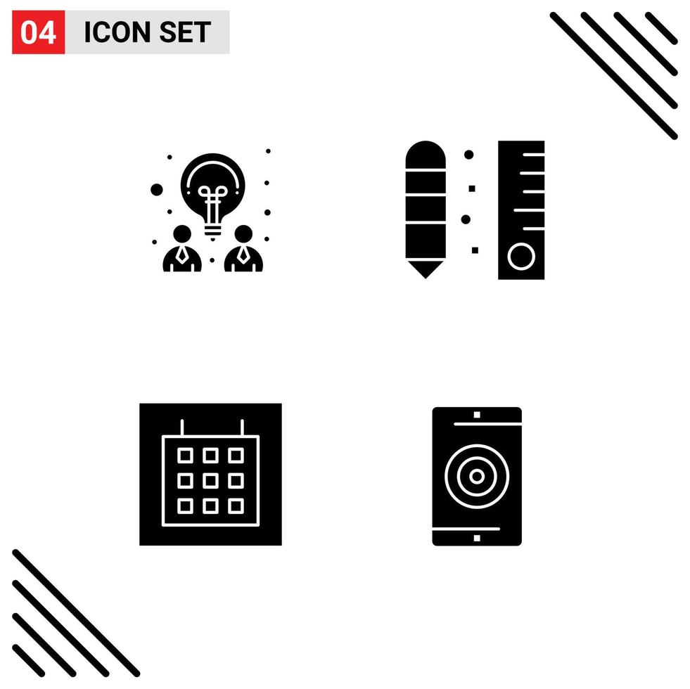 Modern Set of 4 Solid Glyphs Pictograph of creative calendar partnership pencil wireframe Editable Vector Design Elements