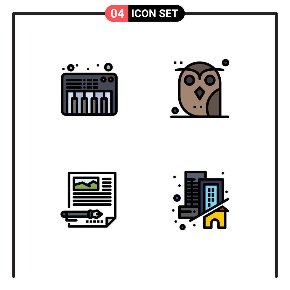 grupo de símbolos de icono universal de 4 colores planos de línea de relleno modernos de artículo de música documento de búho animal elementos de diseño de vector editables
