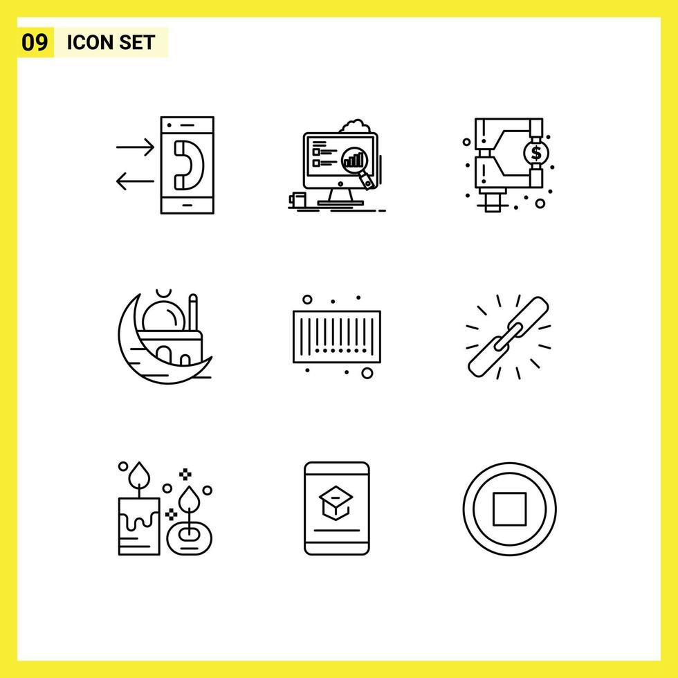 Modern Set of 9 Outlines and symbols such as mosque islam laptop crescent regulation Editable Vector Design Elements