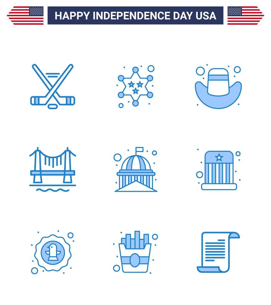 Pack of 9 USA Independence Day Celebration Blues Signs and 4th July Symbols such as landmark building american cityscape building Editable USA Day Vector Design Elements