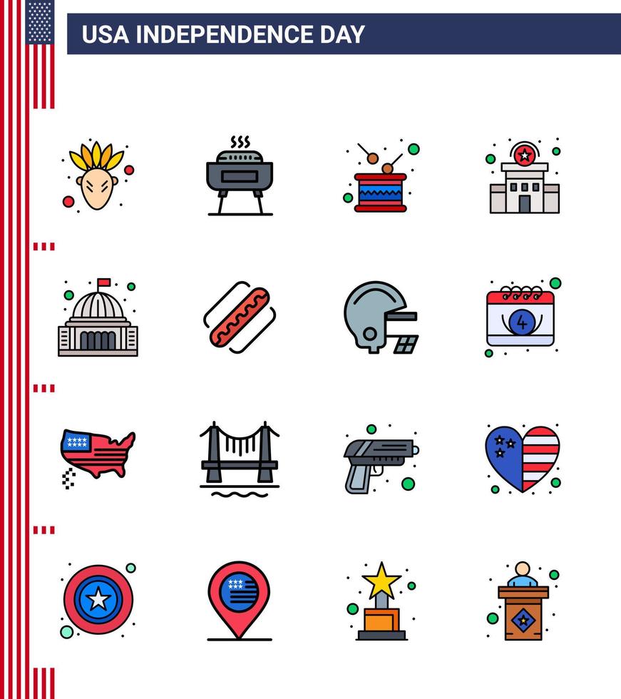 conjunto de pictogramas del día de la independencia de estados unidos de 16 líneas planas simples llenas de construcción de la estación de tambor de la señal de policía elementos de diseño vectorial editables del día de estados unidos vector