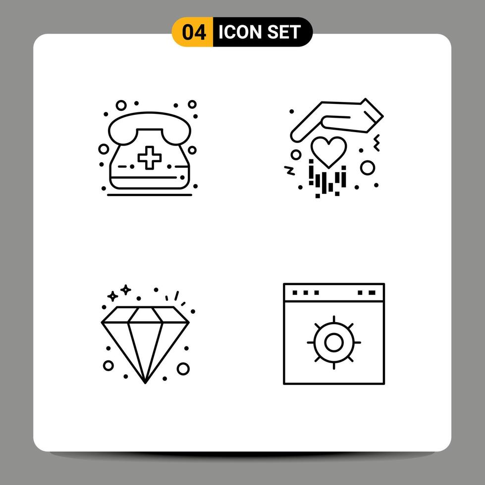 Mobile Interface Line Set of 4 Pictograms of call jewel phone love browser Editable Vector Design Elements