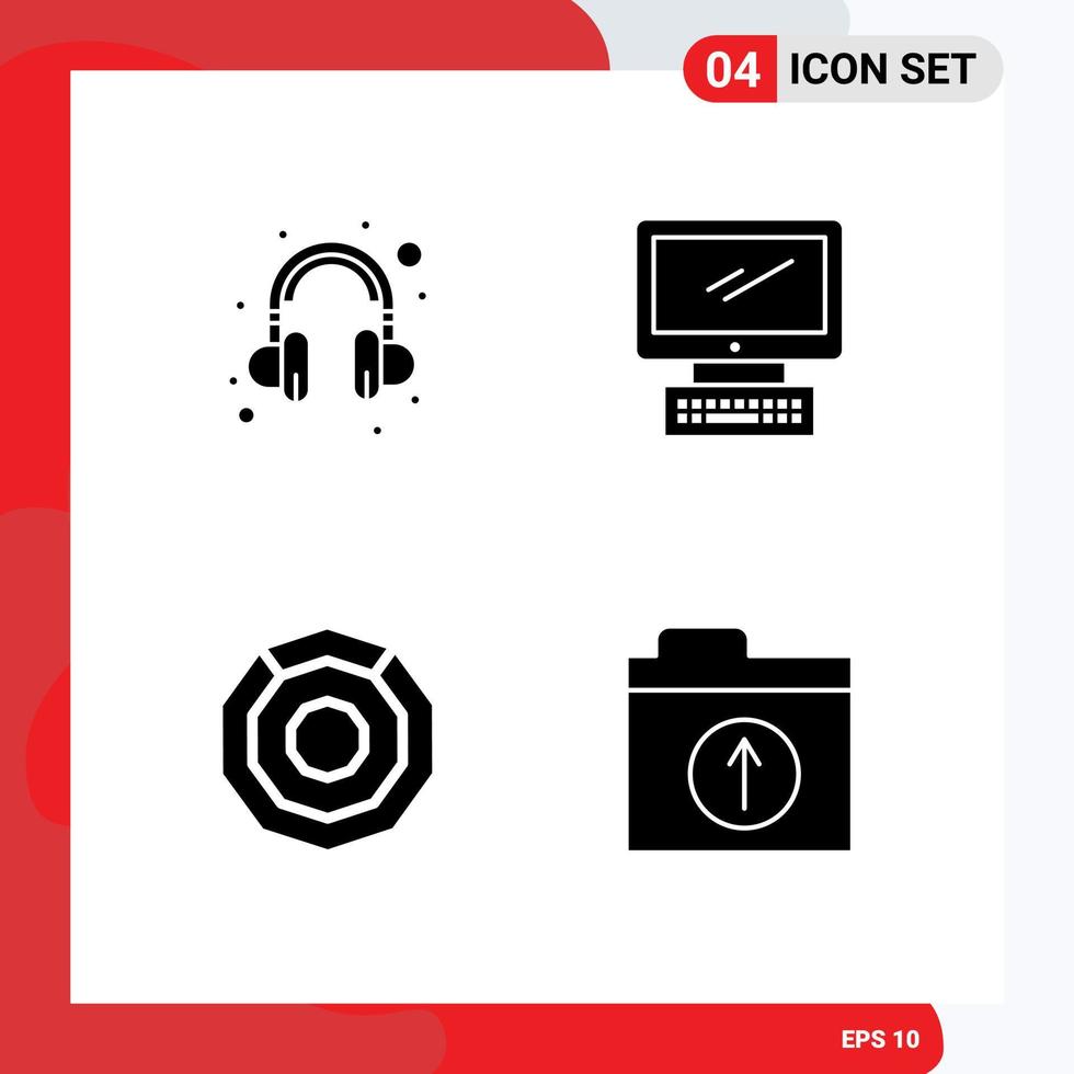 Universal Icon Symbols Group of 4 Modern Solid Glyphs of headset coin computer imac crypto currency Editable Vector Design Elements