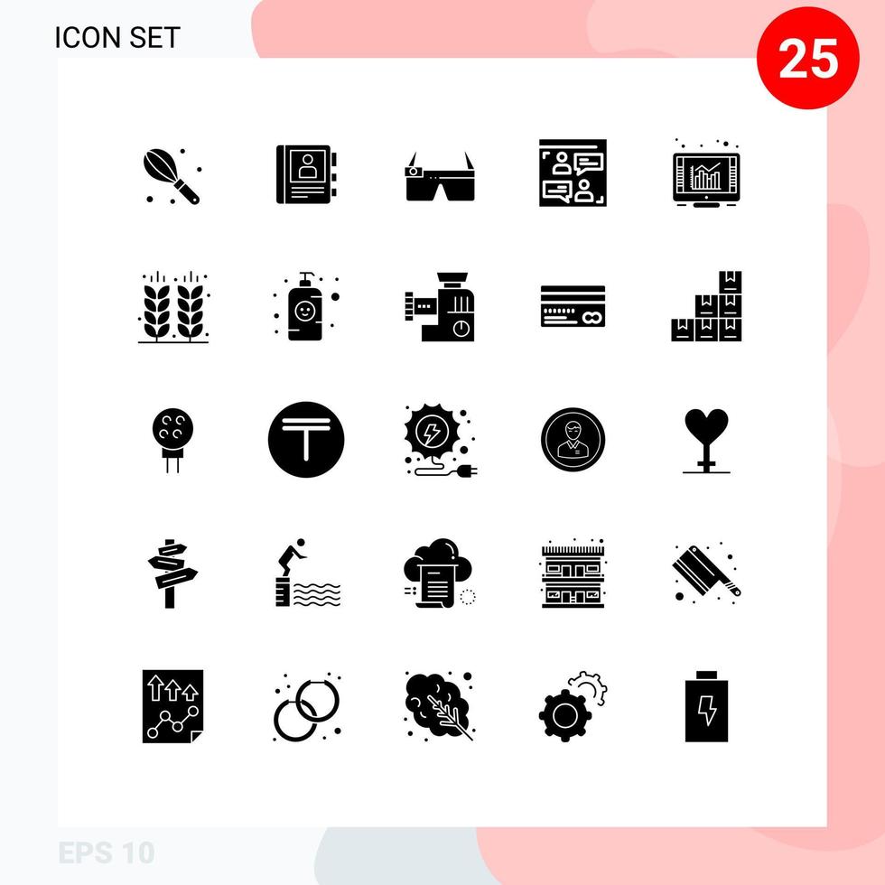 25 Universal Solid Glyphs Set for Web and Mobile Applications online browser glasses designer chat Editable Vector Design Elements