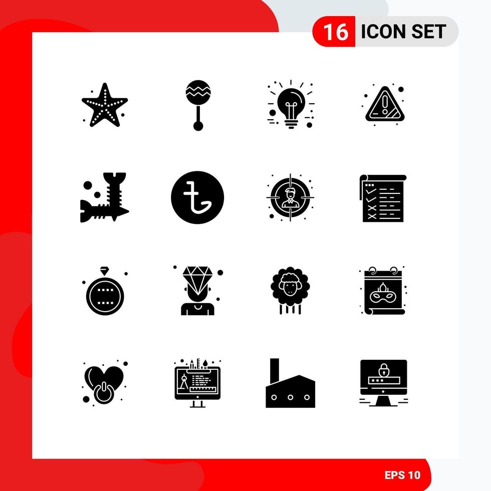 Modern Set of 16 Solid Glyphs Pictograph of screw attention sound warning technology Editable Vector Design Elements