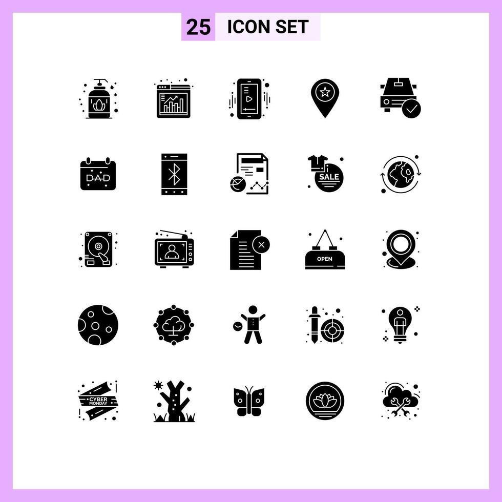 Mobile Interface Solid Glyph Set of 25 Pictograms of checked pin mobile marker location Editable Vector Design Elements