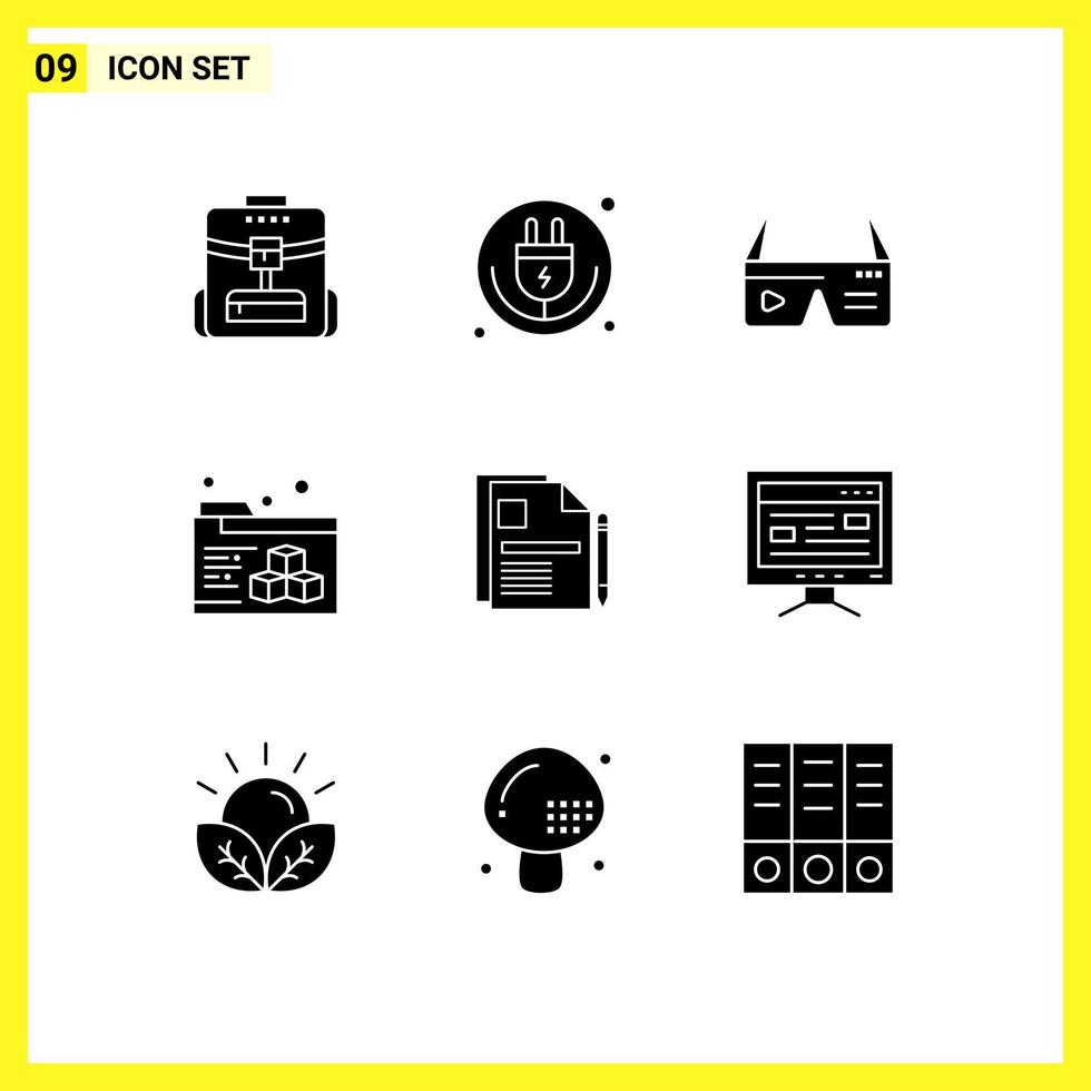 Solid Glyph Pack of 9 Universal Symbols of business folder wifi printing glasses Editable Vector Design Elements