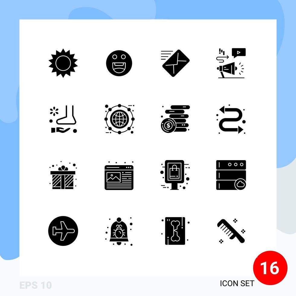 Universal Icon Symbols Group of 16 Modern Solid Glyphs of relax foot mail megaphone audio Editable Vector Design Elements