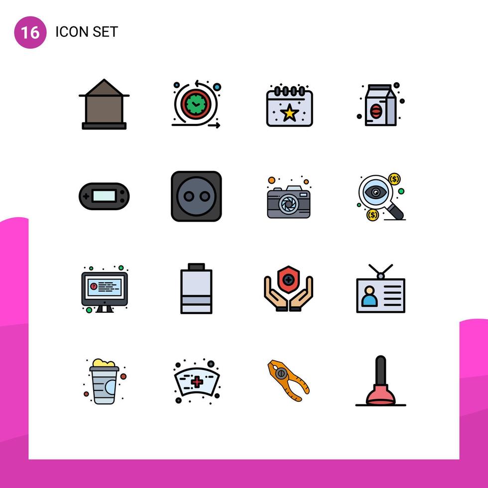 Flat Color Filled Line Pack of 16 Universal Symbols of console food time process coffee party Editable Creative Vector Design Elements