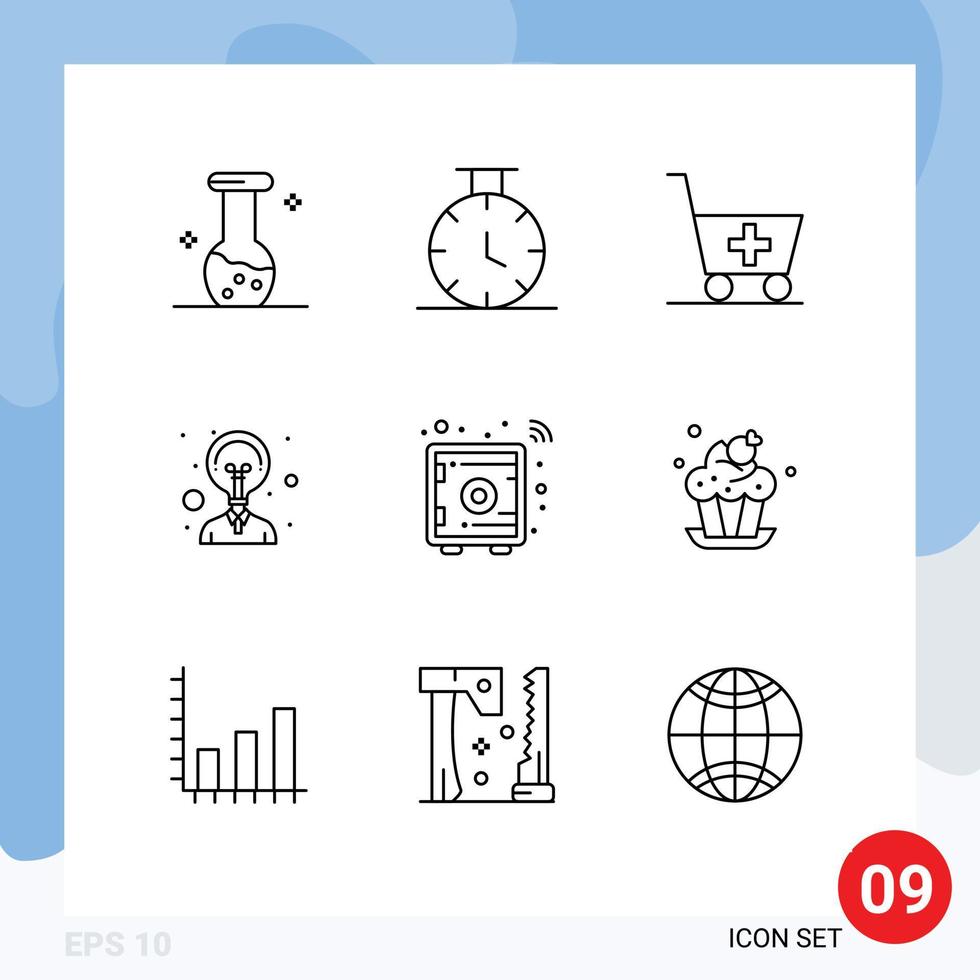 Pack of 9 creative Outlines of cake safe box medicine locker smart Editable Vector Design Elements