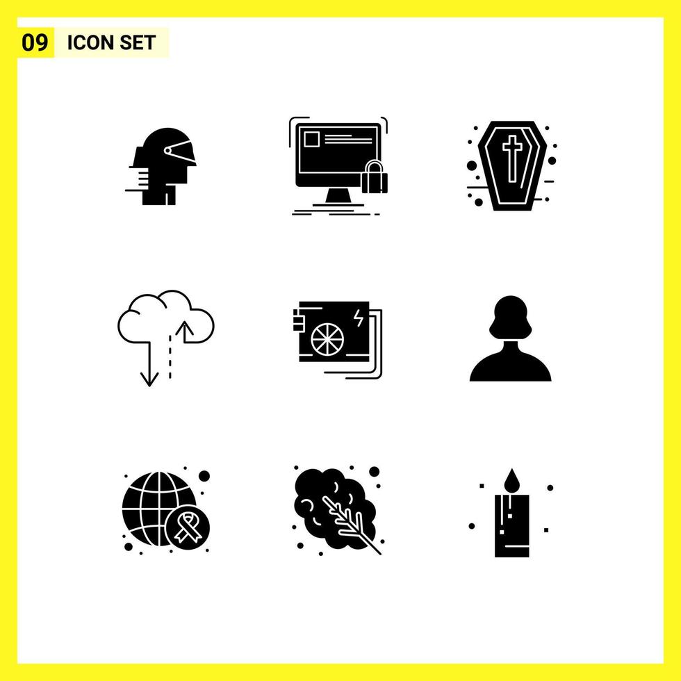 Group of 9 Solid Glyphs Signs and Symbols for ac data safety cloud halloween Editable Vector Design Elements