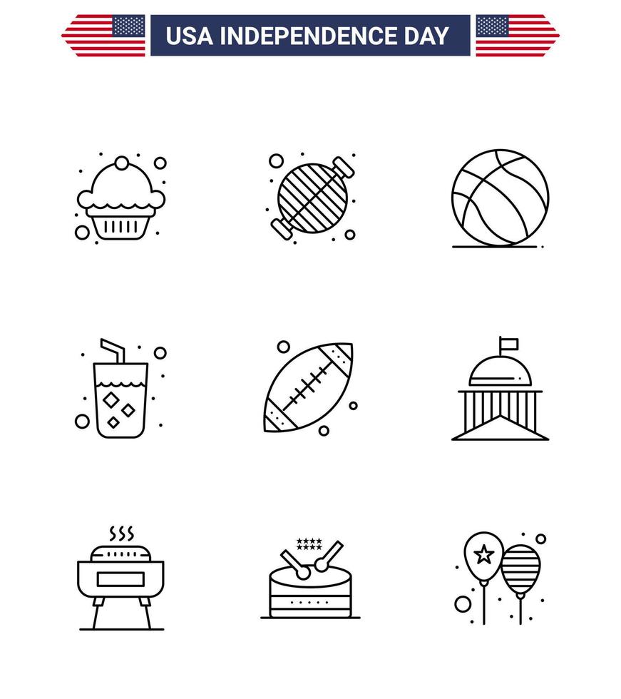 Happy Independence Day 9 Lines Icon Pack for Web and Print footbal wine football juice alcohol Editable USA Day Vector Design Elements