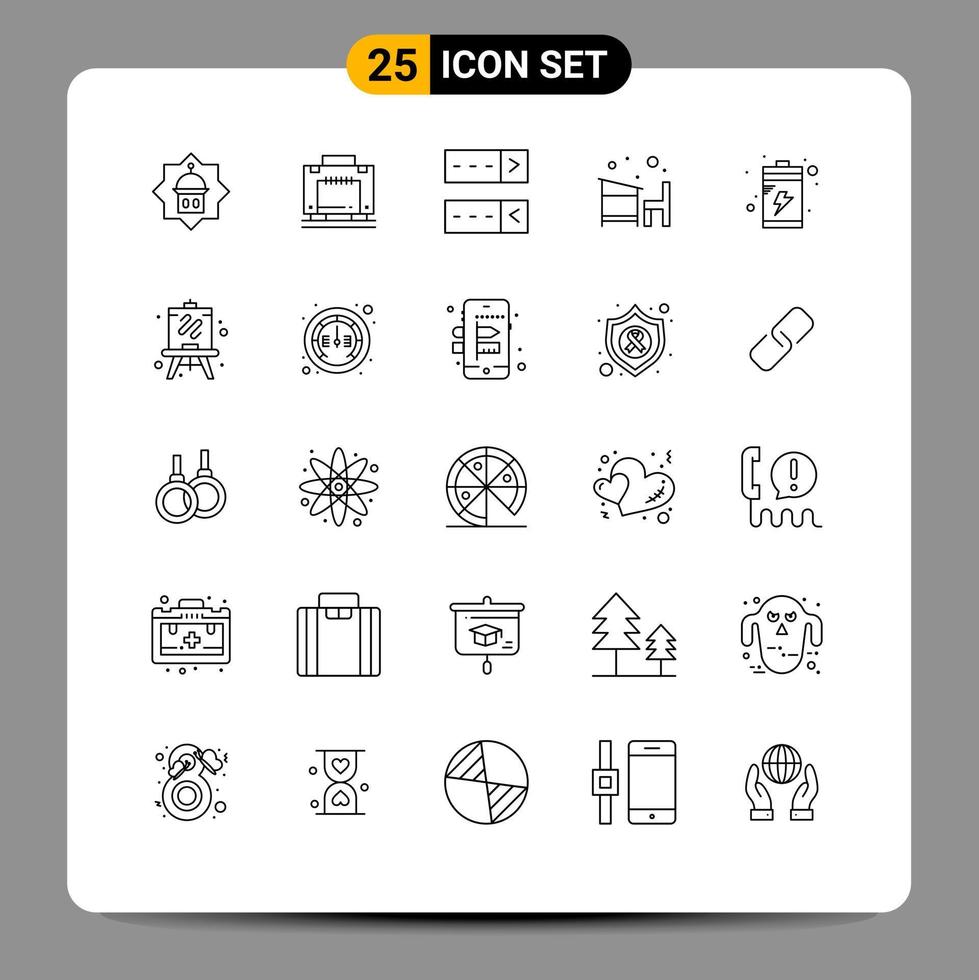 25 Universal Lines Set for Web and Mobile Applications battery learn luggage education chair Editable Vector Design Elements