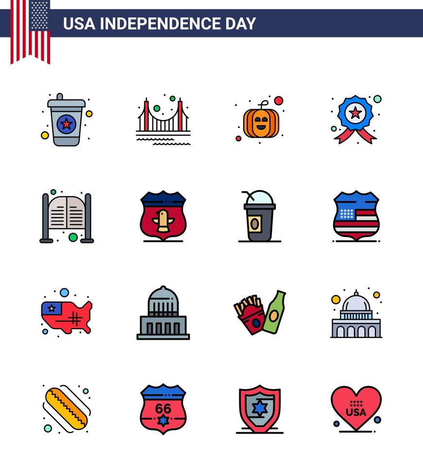 feliz paquete del día de la independencia de 16 líneas planas llenas de signos y símbolos para la barra de salón policía estadounidense que investiga elementos de diseño vectorial del día de estados unidos editables vector