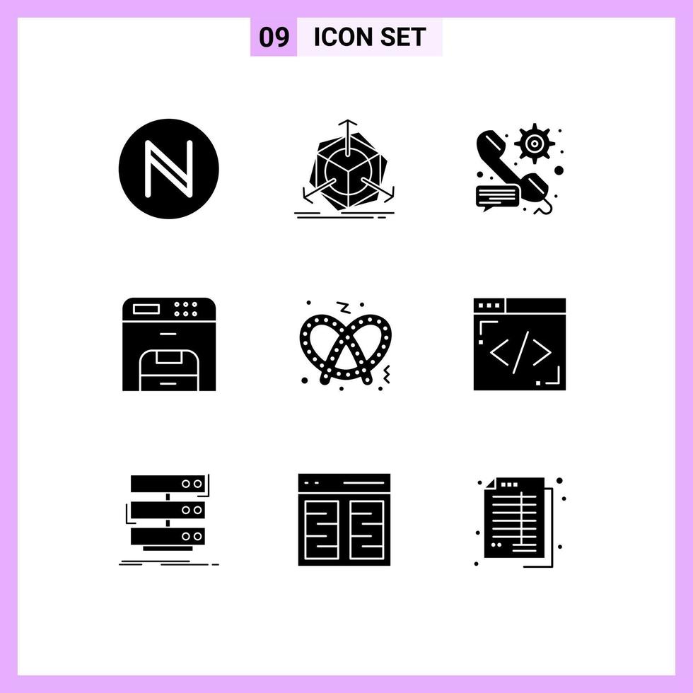 9 Universal Solid Glyph Signs Symbols of pretzel printer gear machine copy Editable Vector Design Elements