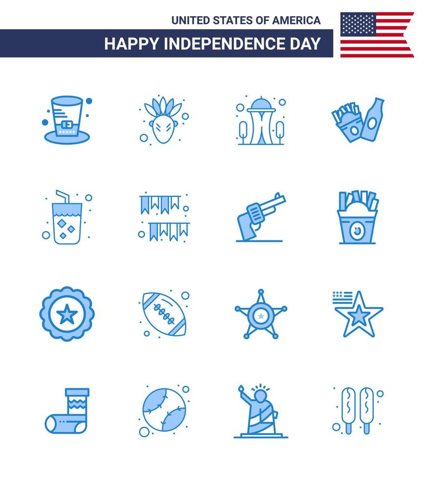 paquete de línea de vector editable del día de estados unidos 16 blues simple de bebida de vino punto de referencia alcohol frise elementos de diseño de vector de día de estados unidos editables