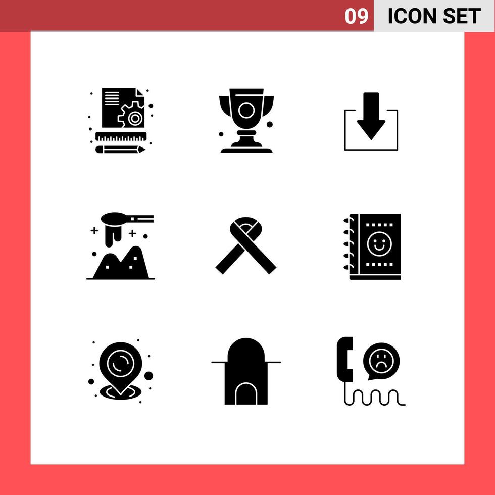 Set of 9 Vector Solid Glyphs on Grid for notebook awareness down ribbon spoon Editable Vector Design Elements