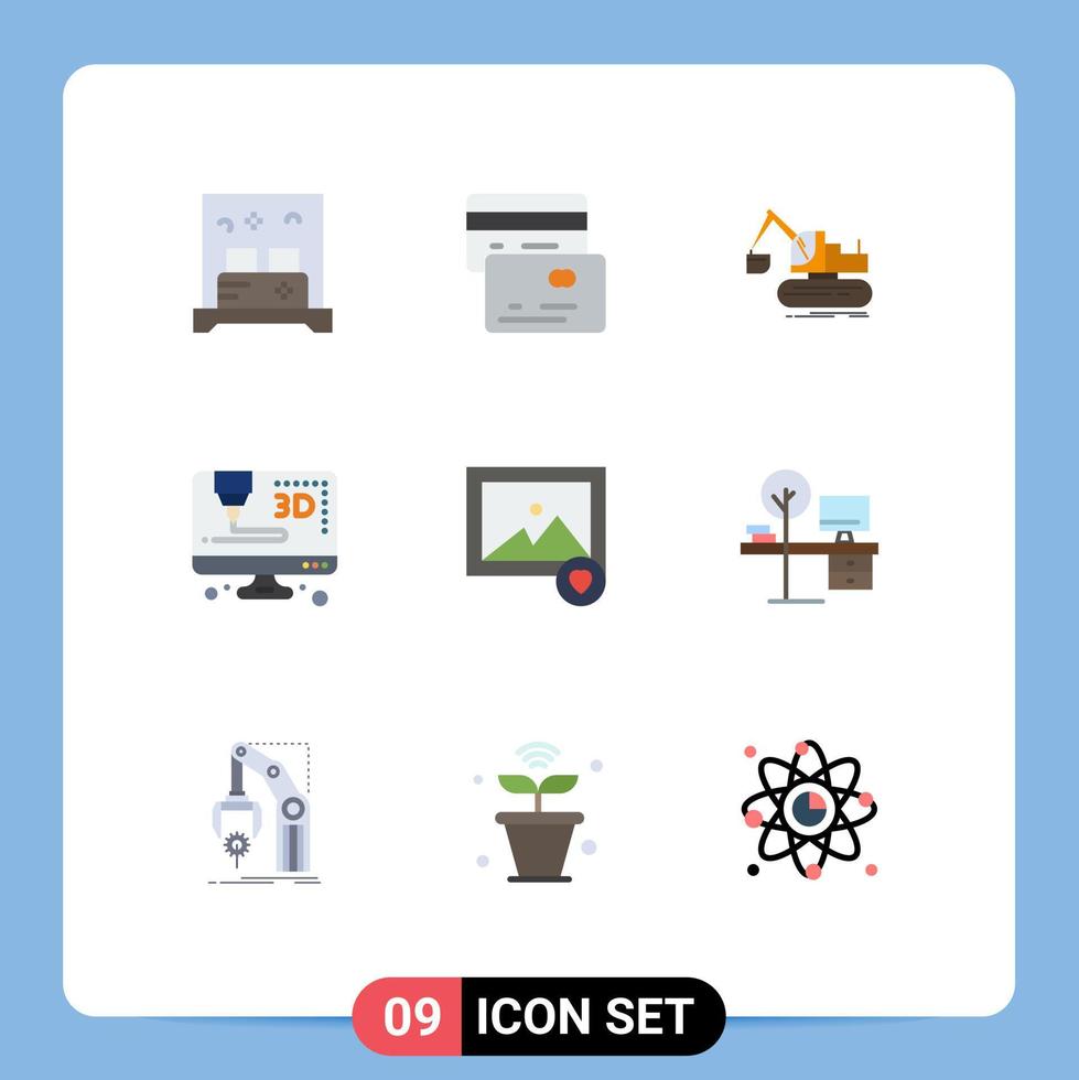 Pictogram Set of 9 Simple Flat Colors of desk photo construction image computer Editable Vector Design Elements