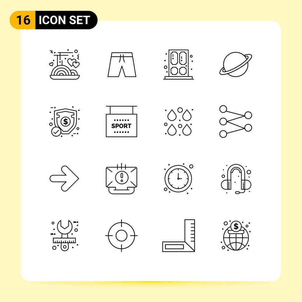 Editable Vector Line Pack of 16 Simple Outlines of money flag door moon planet Editable Vector Design Elements