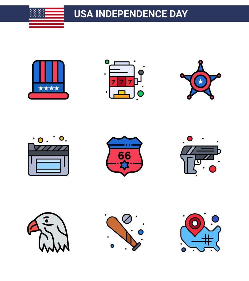 Flat Filled Line Pack of 9 USA Independence Day Symbols of usa american men film cinema Editable USA Day Vector Design Elements