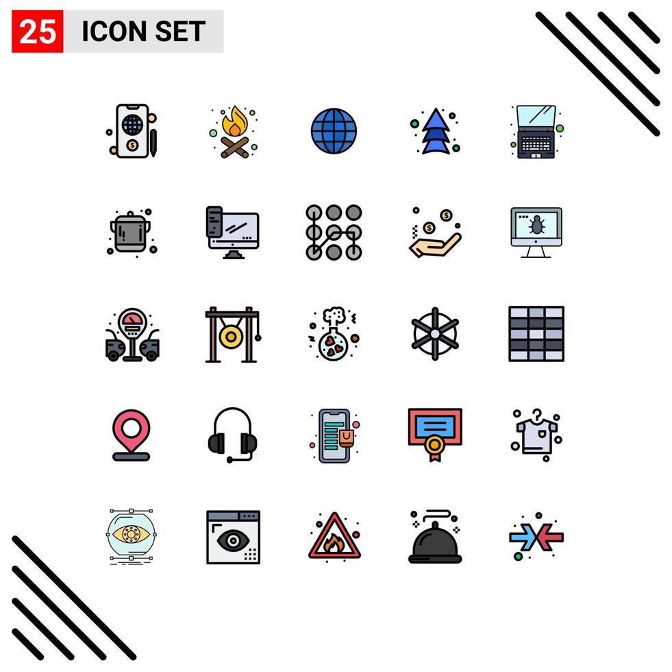 conjunto moderno de 25 colores planos de línea rellena y símbolos, como cocina, mapa de computadora portátil, computadora hasta elementos de diseño de vectores editables
