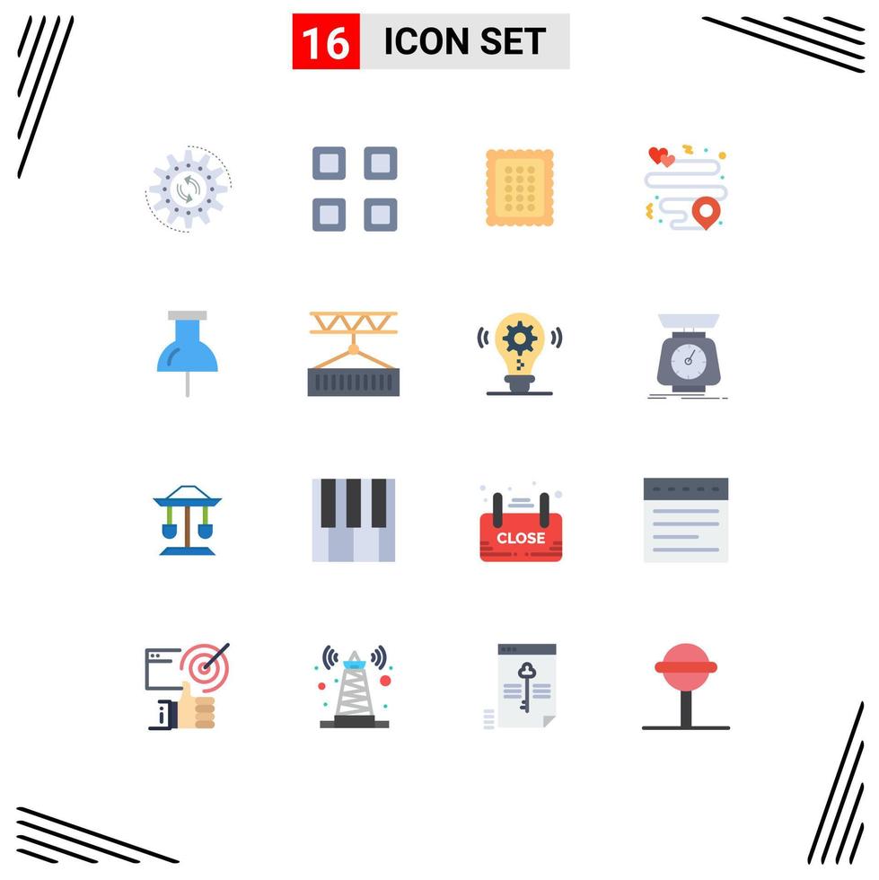 Group of 16 Modern Flat Colors Set for location location view heart food Editable Pack of Creative Vector Design Elements