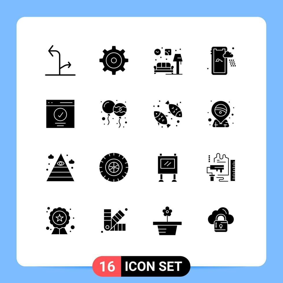 Set of 16 Commercial Solid Glyphs pack for user message couch interface weather Editable Vector Design Elements