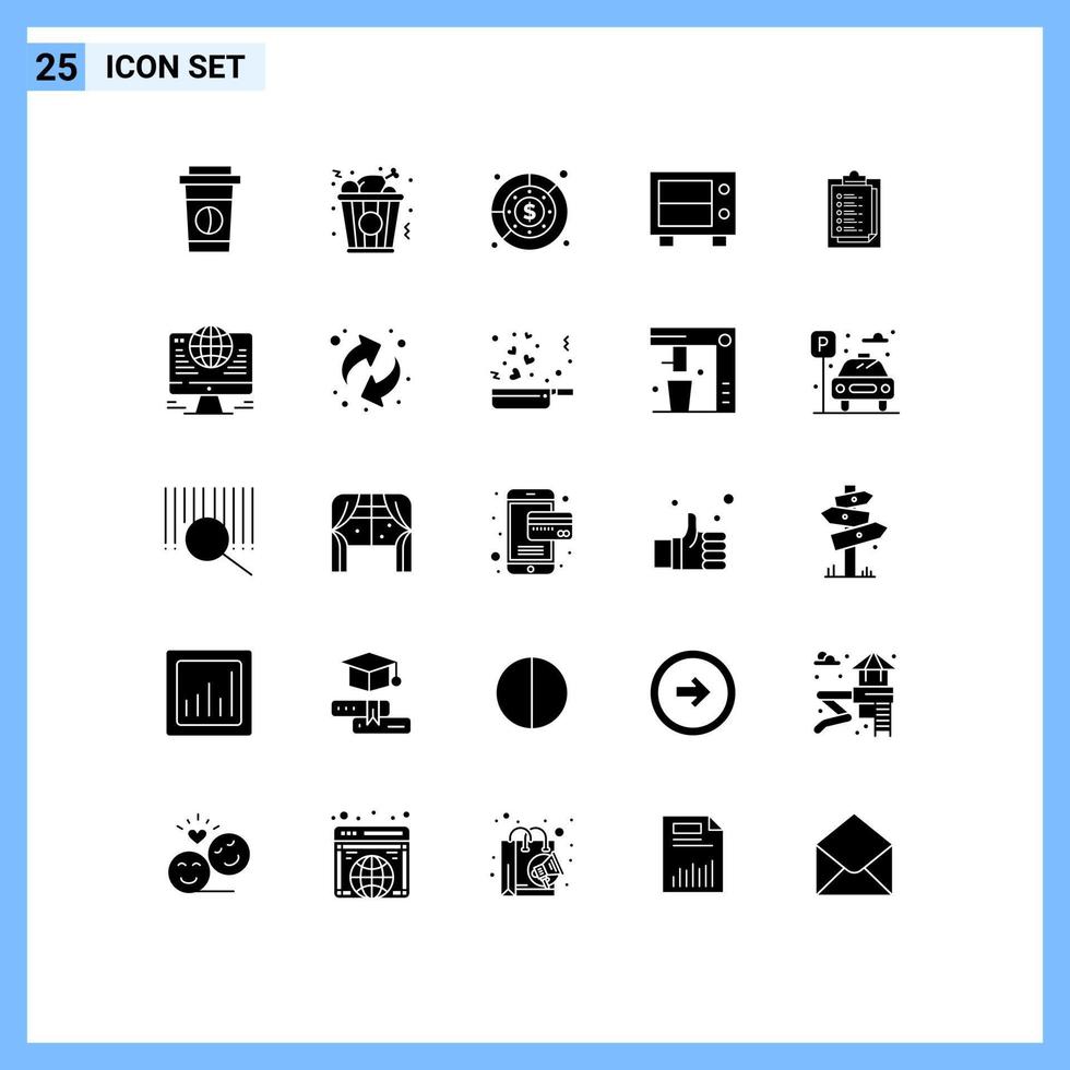 Group of 25 Solid Glyphs Signs and Symbols for presentation report card finance notepad money Editable Vector Design Elements