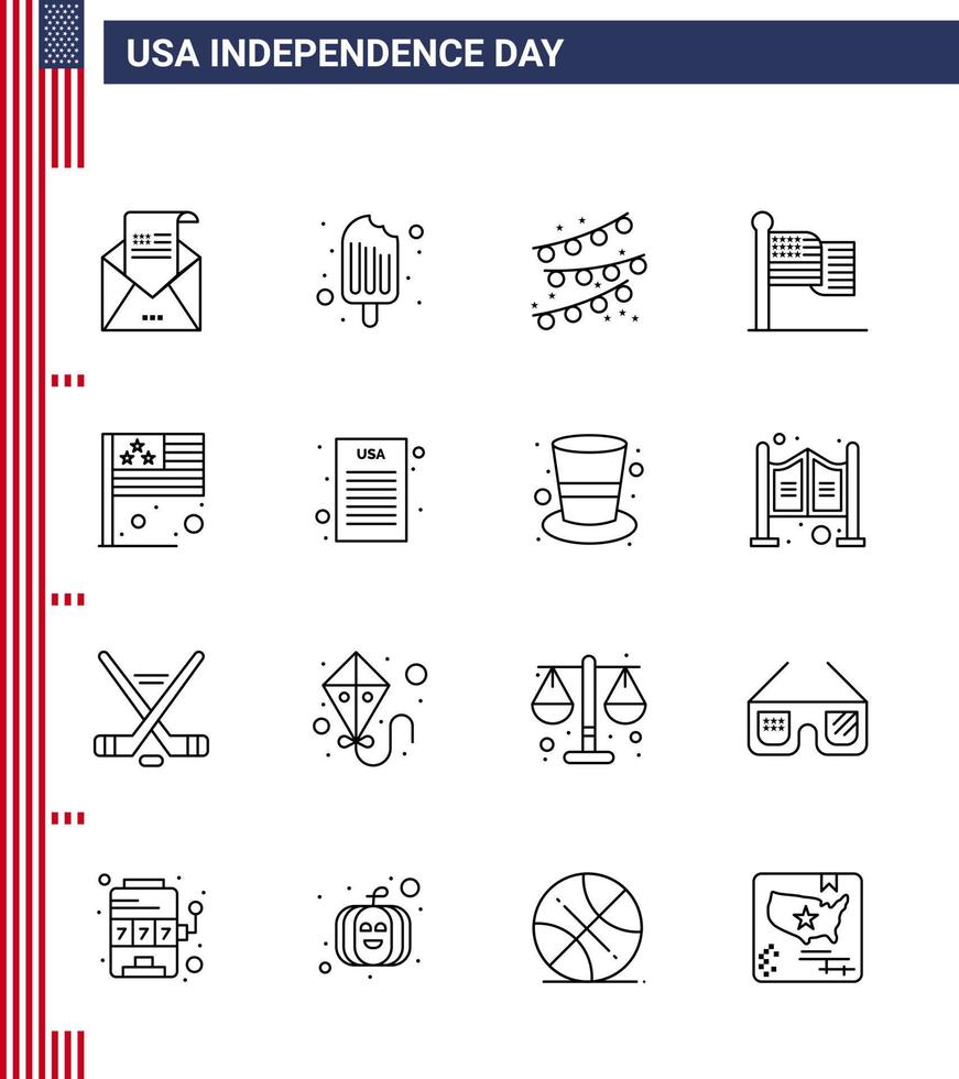 Happy Independence Day 4th July Set of 16 Lines American Pictograph of country usa ice cream thanksgiving american Editable USA Day Vector Design Elements