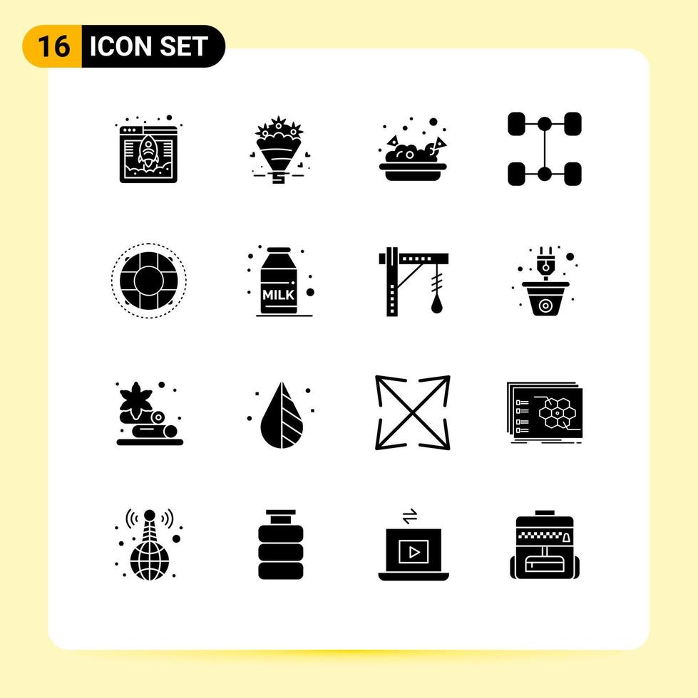 Pack of 16 creative Solid Glyphs of preserver lifebuoy food life vehicles Editable Vector Design Elements