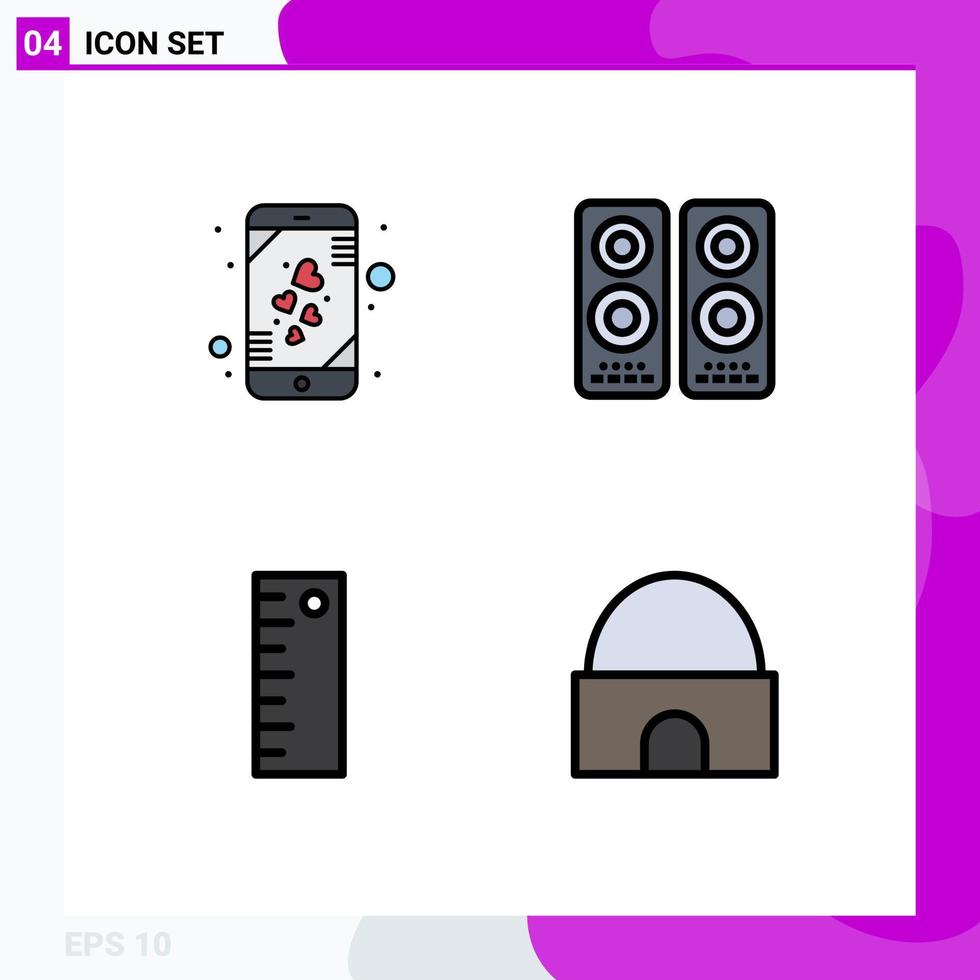 Editable Vector Line Pack of 4 Simple Filledline Flat Colors of heart measure smart phone movie building Editable Vector Design Elements
