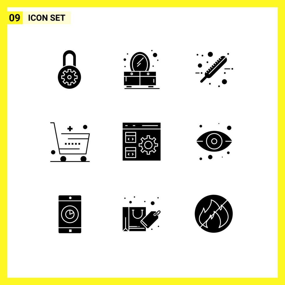 Set of 9 Commercial Solid Glyphs pack for develop app hospital shopping online Editable Vector Design Elements